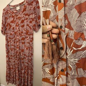Knox Rose long maxi boho button front tassel tropical red short sleeve dress M